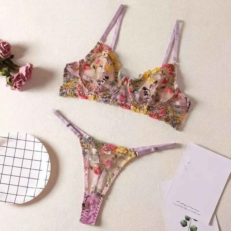 2-Piece Fashion Floral Lingerie Set Embroidery Versatile Underwear Intimates Underwire Push-up Sheer Bra Panty Set For Lady Girl — image 7