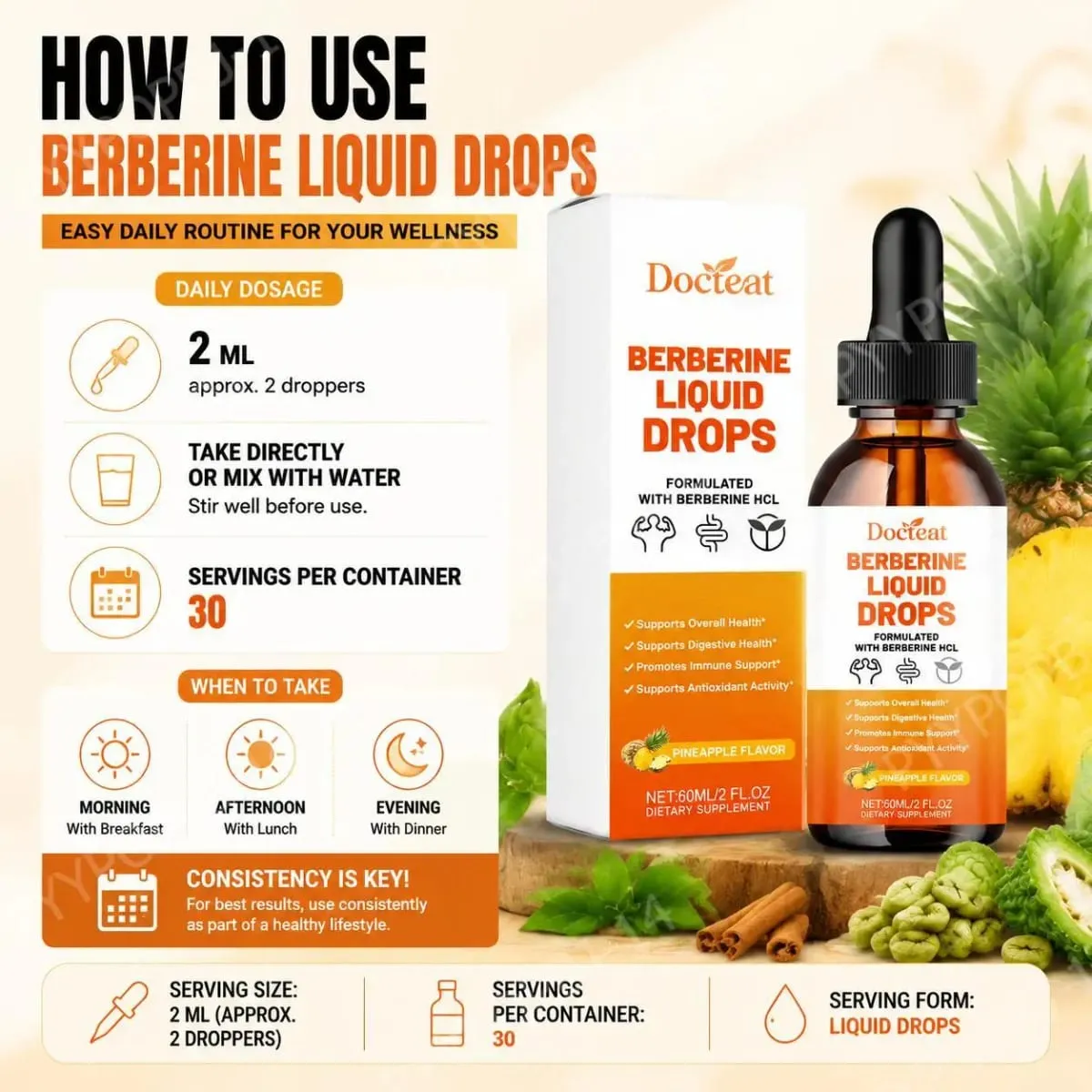 Docteat Berberine HCl flytande droppar stöder matsmältningshälsa med ceylonkanel och grön kaffeböna ananassmak 60 ml
