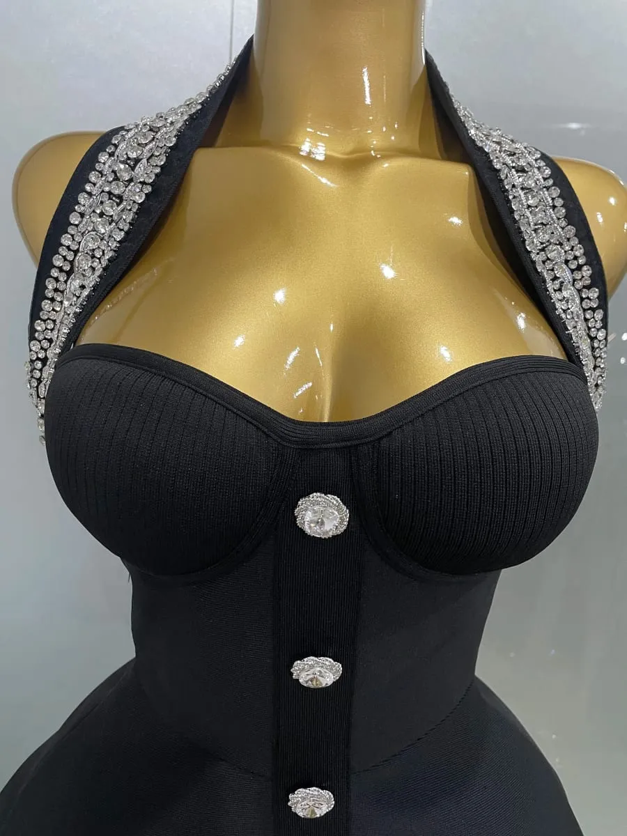 2025 feminino preto sexy fora do ombro brilhante cristal bodycon bandagem vestido longo luvas elegância celebrar vestido de festa à noite — image 6