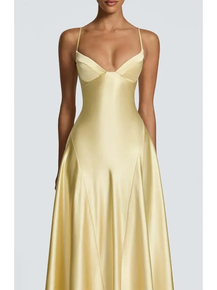 Mulheres amarelo baixo corte sem costas vestido de cintura alta rendas até sem mangas cintura cincher cinta de espaguete vestidos festa clube feminino robe — image 4