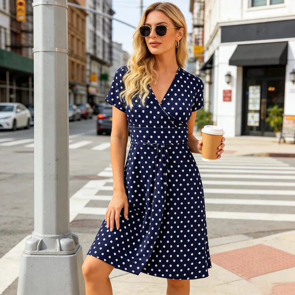 Women's V-Neck Wrap Dress with Pockets Short Sleeve Polka Dot Casual Summer Dress — image 5