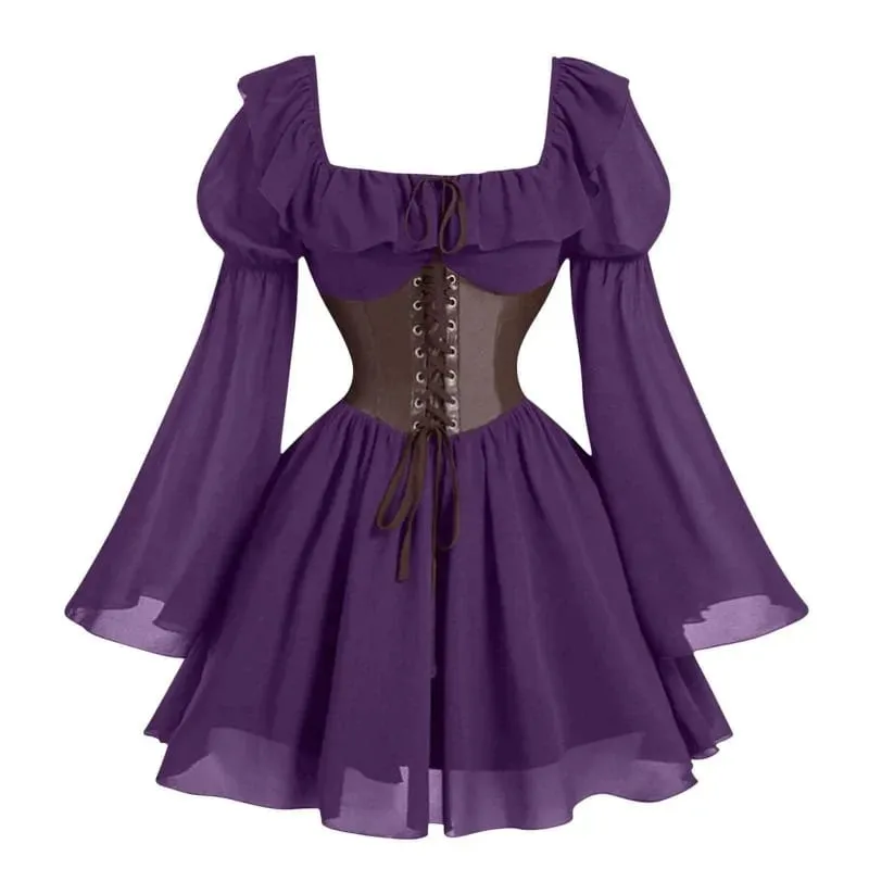 Renaissance Period Medieval New Long Sleeved Women's Bubble Sleeve Dress Halloween Fashion Retro New Party Waist Cinched Skirt — image 4