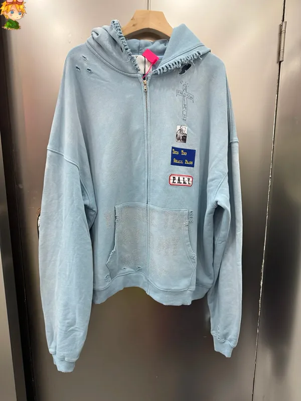 Light Blue PALY Letter Crystal Hoodie Ripped Washed Fashion Patch High Street Casual Men Women 1:1 Zipper Sweatshirts — image 27
