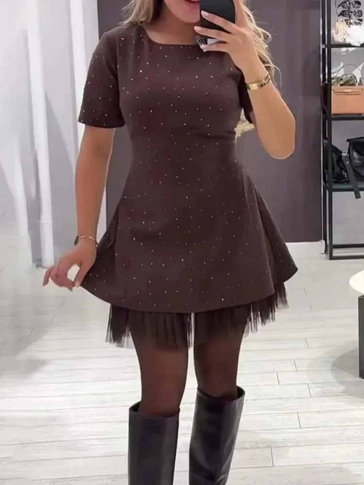 Elegant Casual Dress Spring Summer New Style Hot Rhinestone Hem Mesh Solid Fashion Dress Para sa Babae Short Sleeve Holiday Dress — image 2