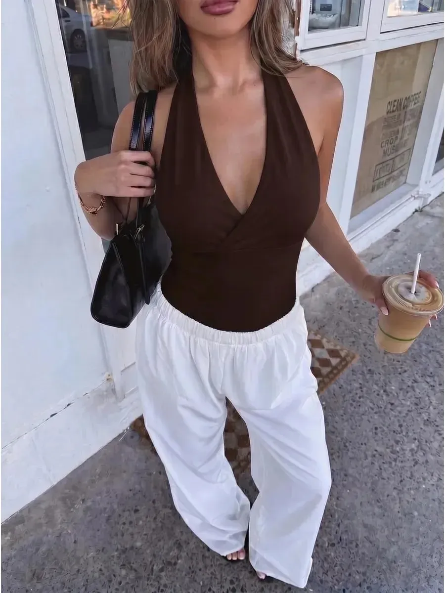 Women Solid Color Halter Neck V-Neck Sleeveless Top Summer Casual Y2K Street Style Slim fit Crop Top — image 2