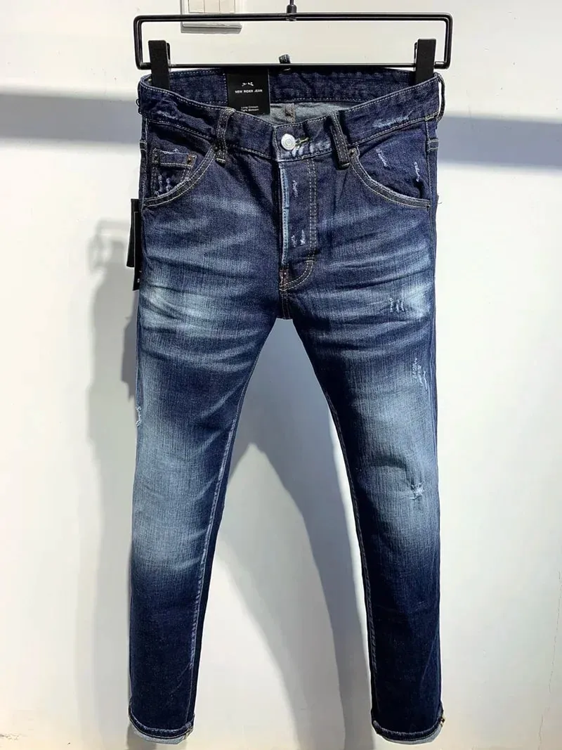 new D2 Men Jeans Badge Printed Coolguy Boy Long Pants Straight Pockets Hole SLIM BLUE embedded jeans pant 9811