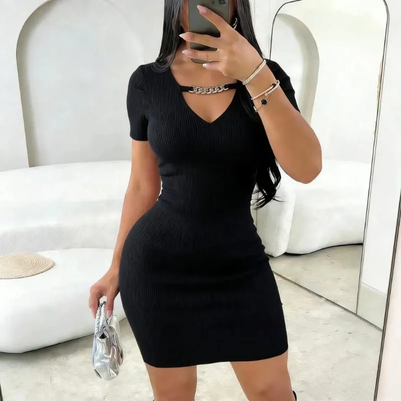 Women's Black Short Sleeve V Neck Cutout Chain Sundress Stretchy Ribbed Knit Bodycon Mini Dress Party Clubwear Dress Outfits — image 3