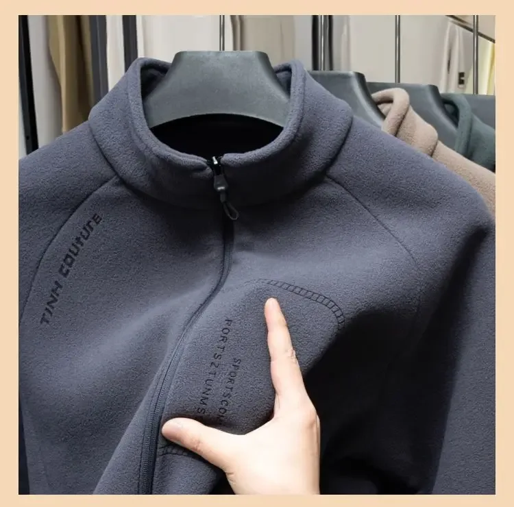 Men Double-sided Polar Fleece Hoodie Cardigan Solid Full Zip Warm Letter Print Casual Coats Thicken Sport Classic Sweatshirts — image 10