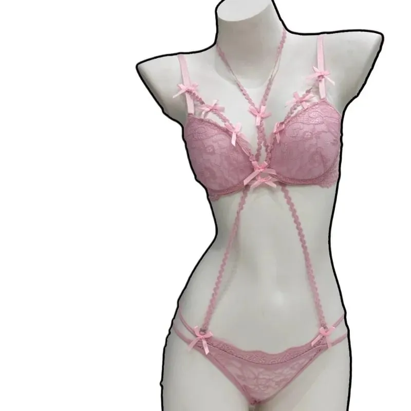 Aesthetic Purple Bow Necklace & Bra Set - Low Saturation Matching Lingerie Push Up Bra & Adjustable Necklace for Women MOYISU
