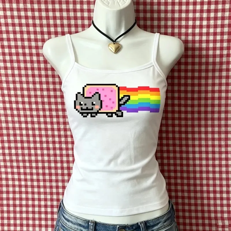 European American Y2K New Summer Cool Vibrant Hot Girl Tank Top Cartoon Pigment Print Sleeveless Casual Cami Top For Ladies — image 4