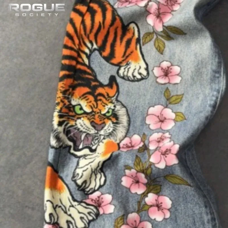 Japanese Tiger Sakura Men Jeans Summer Y2K Wide Leg Denim Pants Streetwear Hip Hop Retro Harajuku Loose Vintage Trousers Unisex — image 6