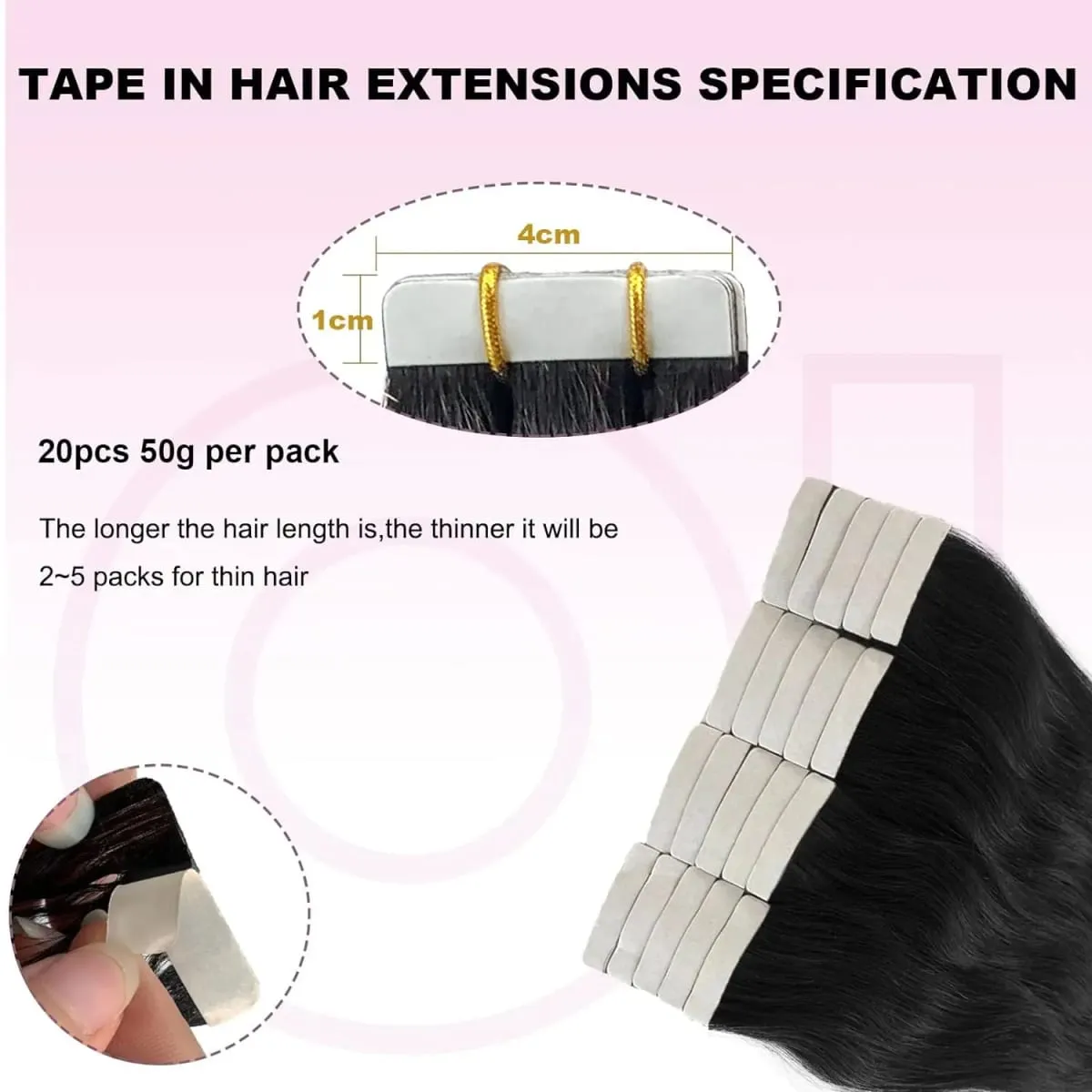 Straight Tape In Hair Extensions 50g Natural Black 100% Human Hair Tape Ins Full Head Seamless Invisible Adhesive Glue 26 Inches — image 3