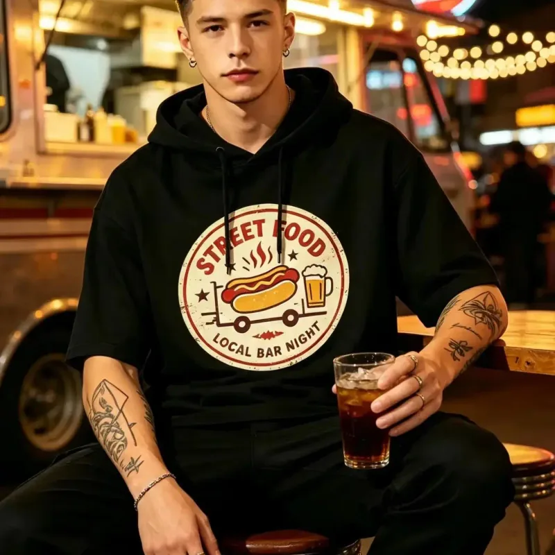Street Food Local Bar Night Graphic Short Sleeve Hoodie Men Retro Vintage Sleeveless Hooded Tee