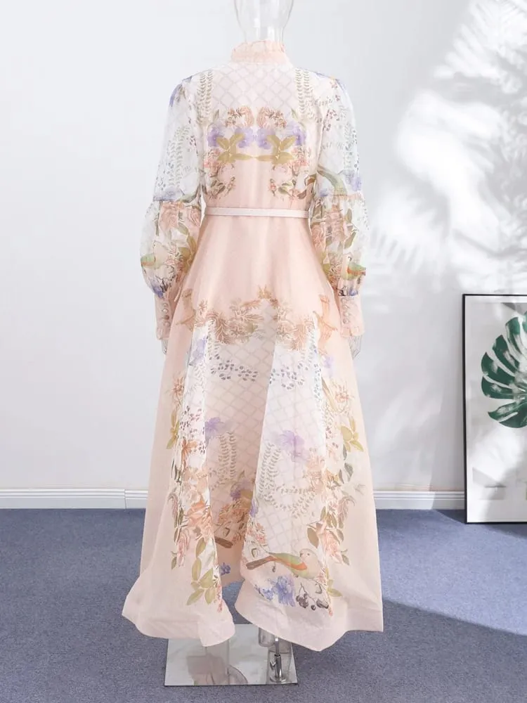 Lace Printed Women's Dress Elegant Half High Collar Loose Sleeve Single Breasted Belt Pambabae Skirt 2026 Summer Lady Draped Robe