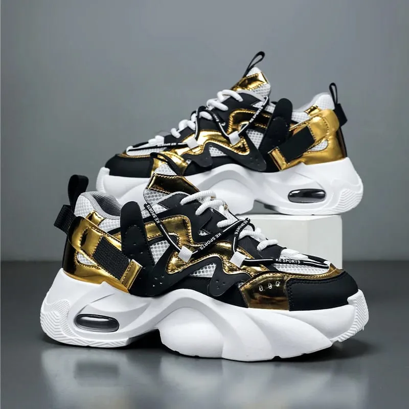 Men's Casual Sneakers with Large Mesh Breathable Upper Metallic Texture and Contrasting Color Stitching and Trendy Webbing Accents. Thick Air-Cushioned Soles Provide Both Height Increase and Shock Absorption Making Them Suitable for Street — image 3
