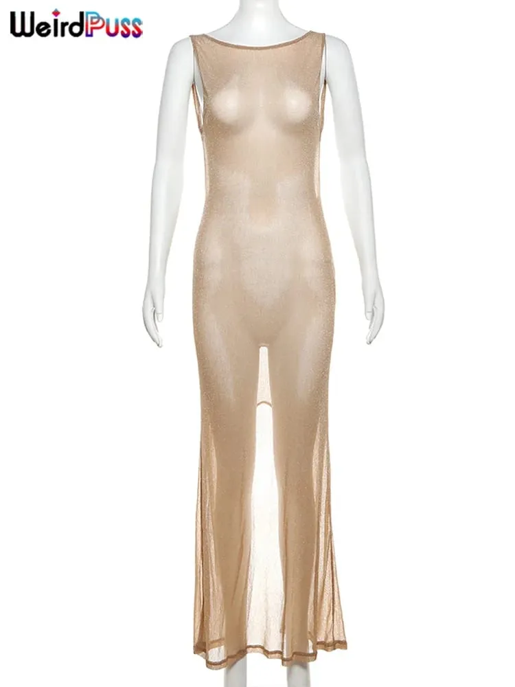 Estranho puss ver através do vestido feminino 2024 verão fino sem mangas glitter splits coquette sem costas clubwear praia sexy vestidos — image 7