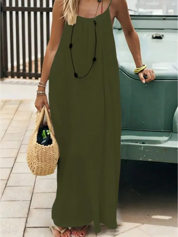 Malaking Sukat na Purong Kulay ng Pambabaeng Backless Lace-Up Mahabang Loose Casual Comfortable Camisole Dress — image 3