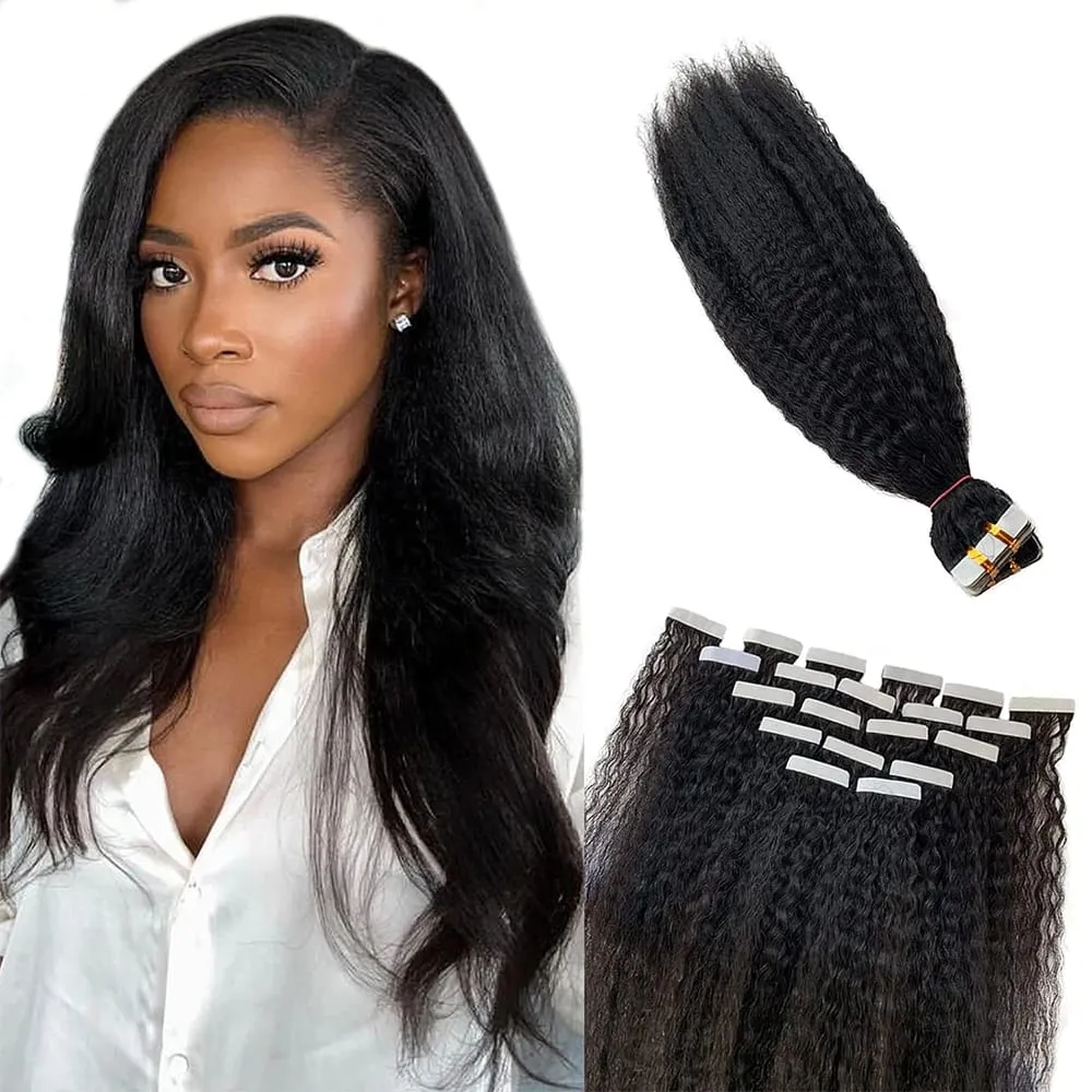 24 26 Inch Kinky Straight Tape In Extensions Brazilian 100% Human Hair 50G/20Pcs Natural Black Seamless Full Head Yaki Tape ins