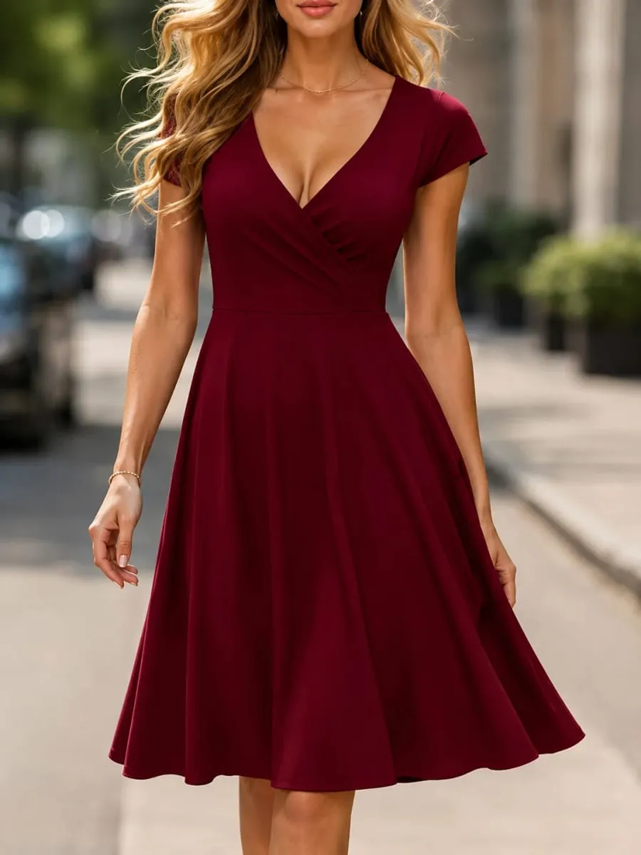 Pambabaeng Elegant Round Neck Summer Short Sleeve Solid A-Line Hanggang Tuhod na Dress High Waist Swagger Party na Kaswal na Pag-alis ng Kasal — image 4