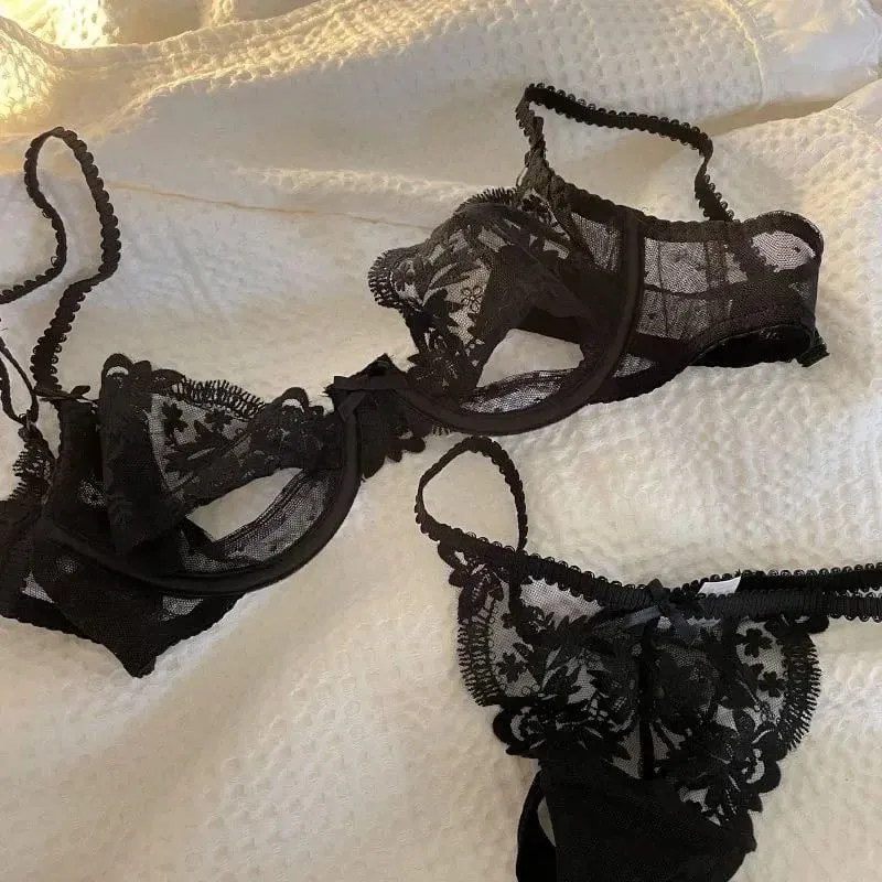 French Sexy Bra & Brief Set Lingerie Ultra-Thin See-Through Sexy Floral Lace Underwire Set Large Breasts Show Small Anti-Sag Bra — image 8