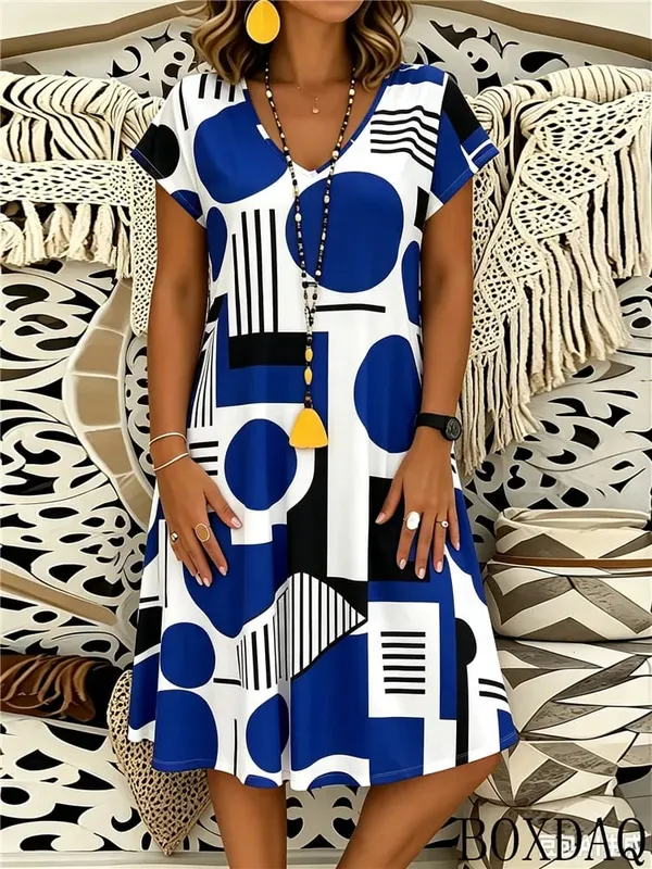 2026 Summer Fashion Geometric Pattern Printed Women's Dress Short Sleeve V-neck Casual Dresses — image 5