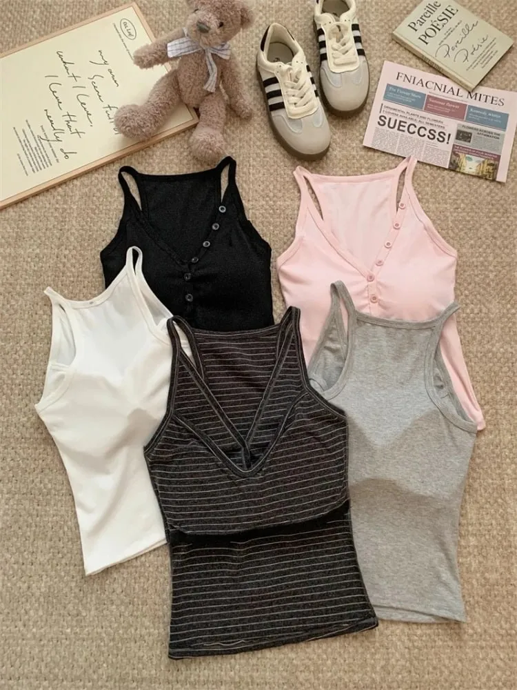 zjaiss Fashion Slim Fit Tank Top 2026 Summer V-neck Button Women Cami With Built-in Bra Pad Casual Basic Inner Top — image 1