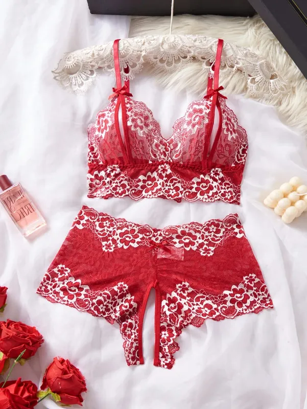 Sexy Lingerie Set Women Lace Bra at Panty See Through Floral Embroidery Bralette Transparent Erotic Underwear Bow Nightwear — image 10