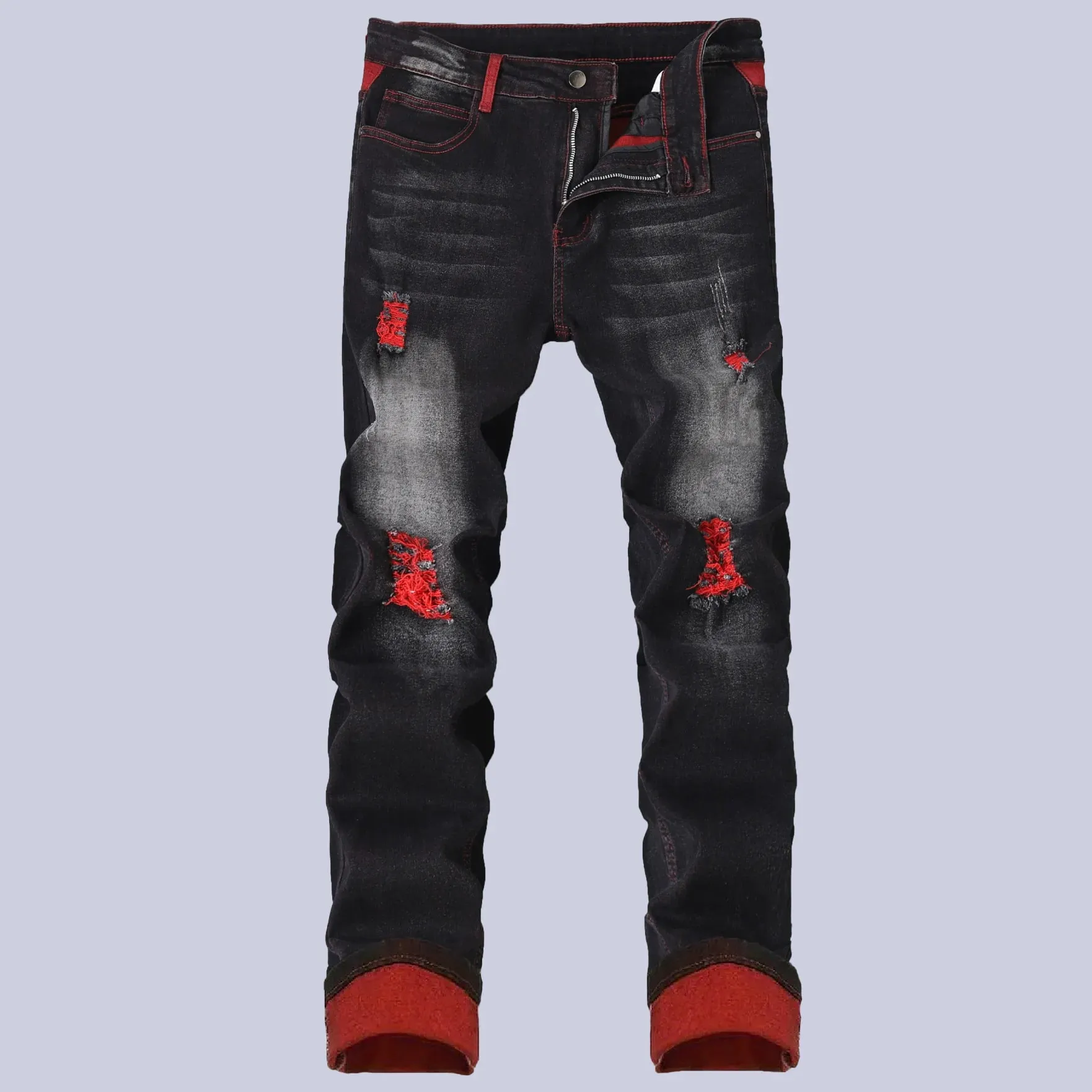Men's Black Stretch Jeans for Spring and Fall Denim Pants with Red Ripped Details Asian Sizes 28–42. — image 7