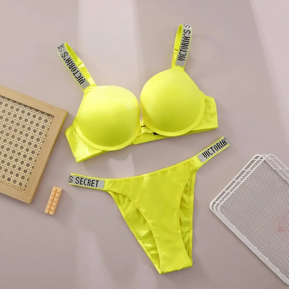 Victoria Secret Sexy Women Underwear Very Sexy Logo Shine Strap Push Up Bra Shine Script Thong Panty Set Hot — image 11