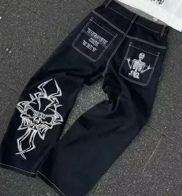 Gothic Japanese Retro Washed Anime Jeans Y2K Clothes Mens Anime Cartoon Character Pattern Baggy Jeans Mid Rise Wide Leg Trousers — image 5