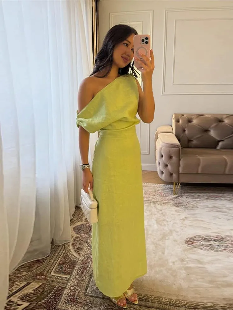 Vestidos maxi de linho fora do ombro feminino fino cintura-cinching hip-envoltório tornozelo comprimento vestido 2026 novas senhoras verão sólido outwear — image 2