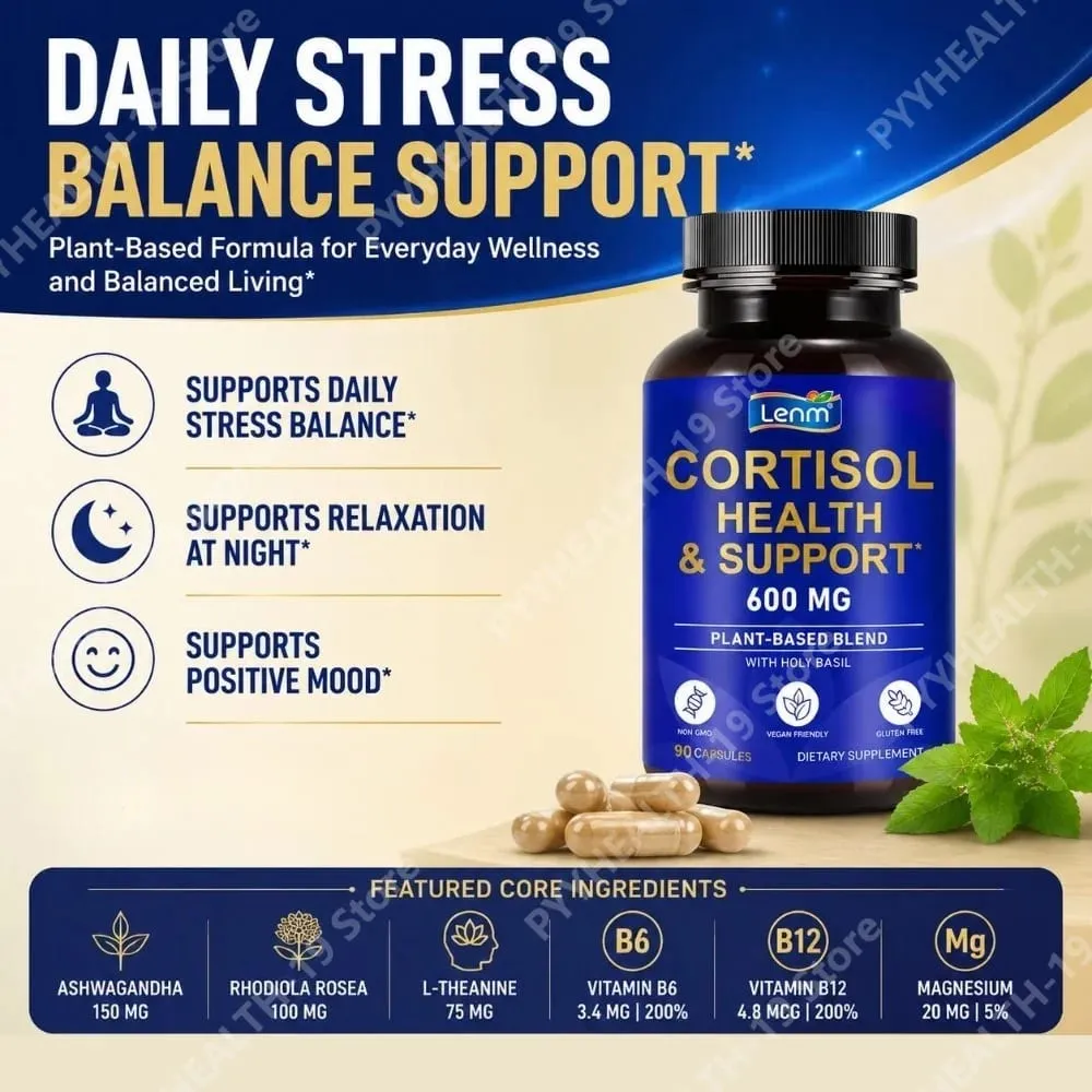 Lenm Cortisol Cápsulas de Suporte à Saúde Ashwagandha Rhodiola Holy Basil L-Theanine Para Equilíbrio do Estresse e Relaxamento Adulto 90 Contagem — image 2
