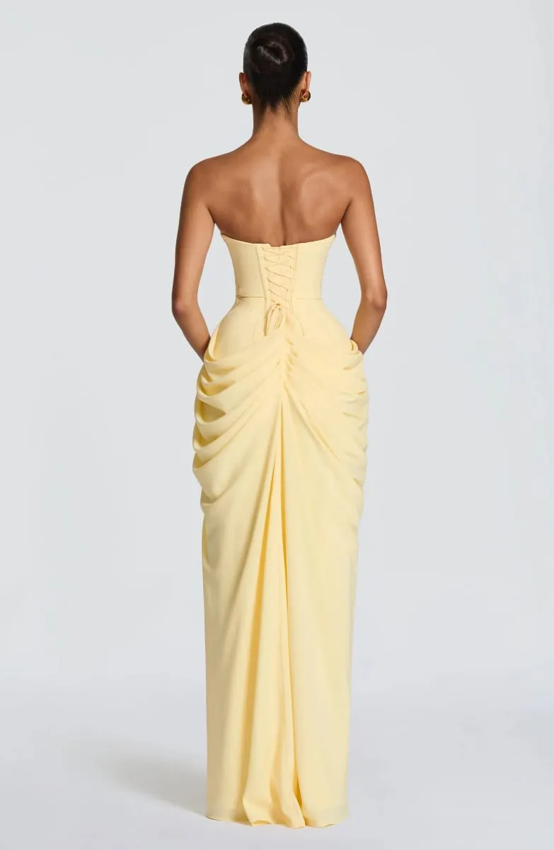 Mingmingxi Spring Summer Yellow Strapless Maxi Dress Ruched High Slit Evening Gown Bodycon Wedding Guest Party Dress Women — image 6