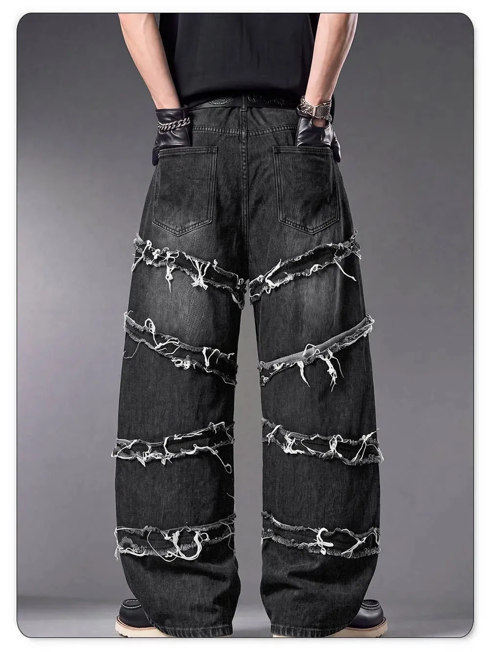 Men's Gothic Baggy Jeans Raw Frayed Edge Deconstructed Patchwork Wide Leg Denim Pants Y2K Punk Streetwear Trousers — image 7