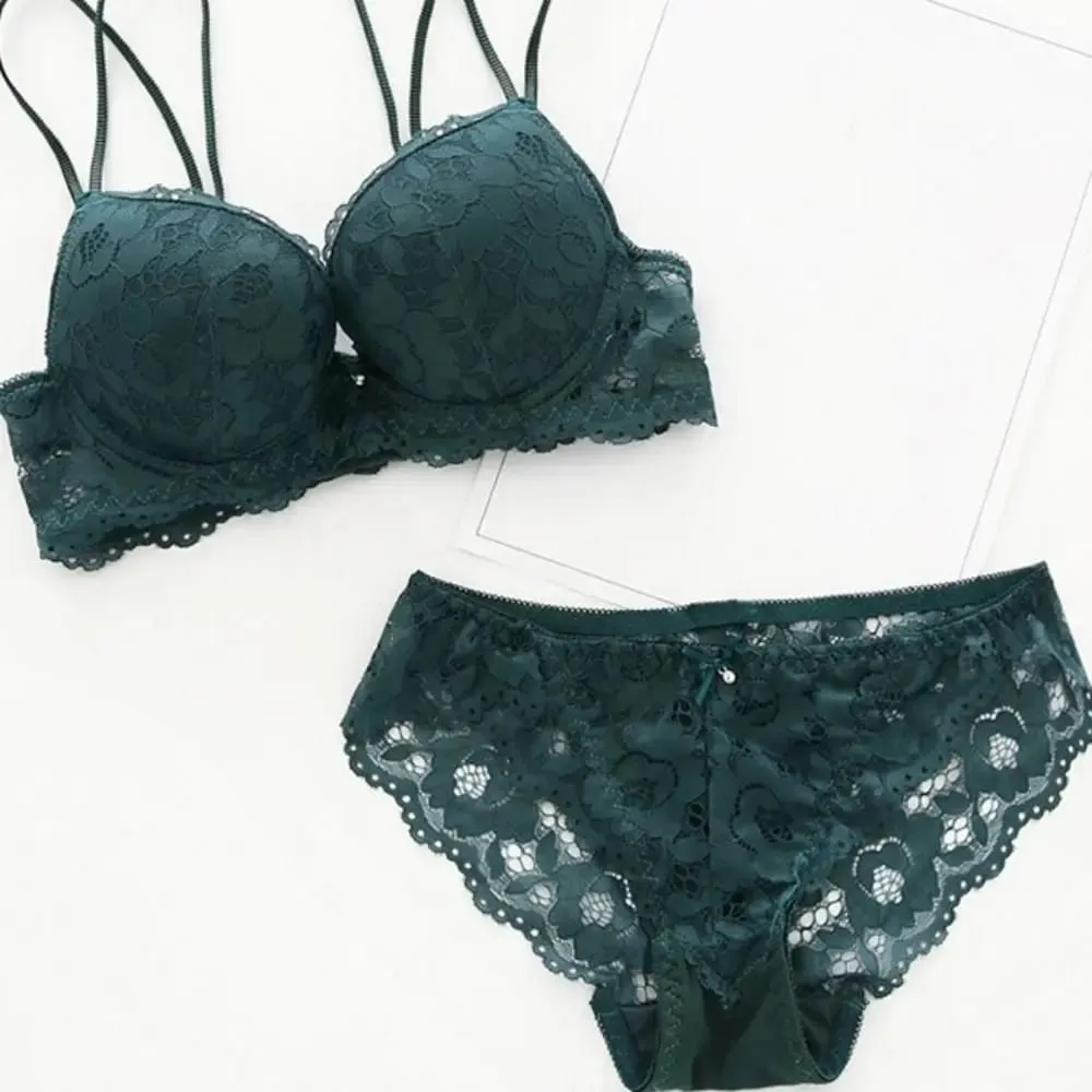 Fashion Mesh Lace Flower Bra Low Waist Bowknot Push Up Bra Women Lingerie Non Slip Bra Panties Set Girl — image 3
