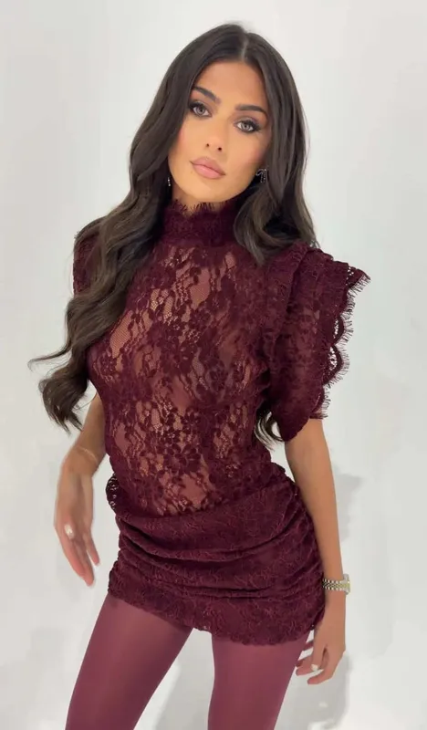 Elegant Lace Dress Fashion Retro Half High Collar Sleeveless Slim Wrap Hips Mini Dress Pambabaeng Sexy Party Dress Pambabaeng Damit