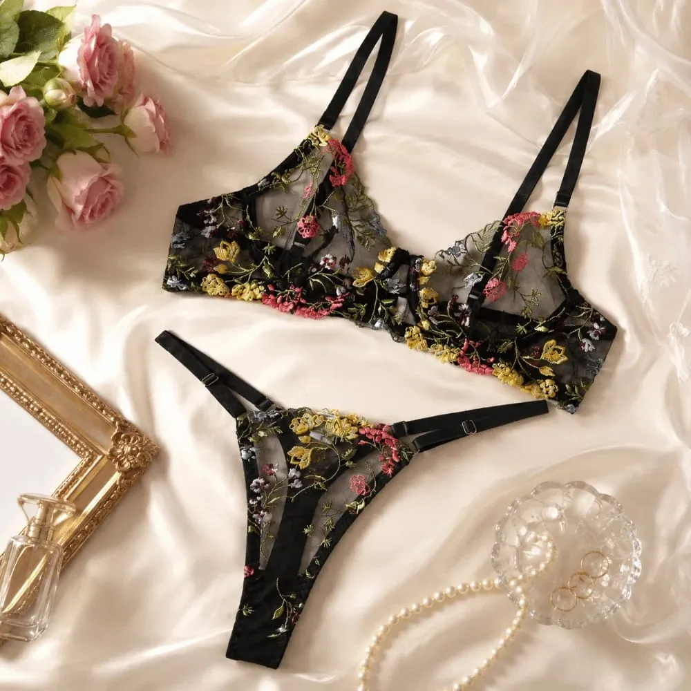 Bohemia Transparent Lingerie Set Push Up Elegant Embroidery Floral Underwear Ultra-thin Panties Bra Set Honeymoon — image 3