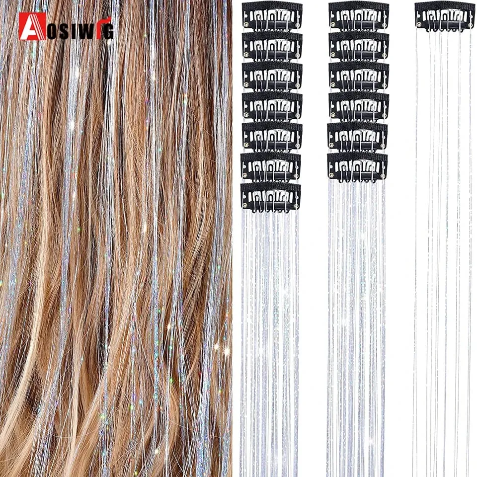 12Pcs/Pack Sparkle Blonde Hair Extensions Clip In Rainbow Shiny Sparkle Hair Tinsel Heat Resistant Sparkle Hair Extensions For W — image 8