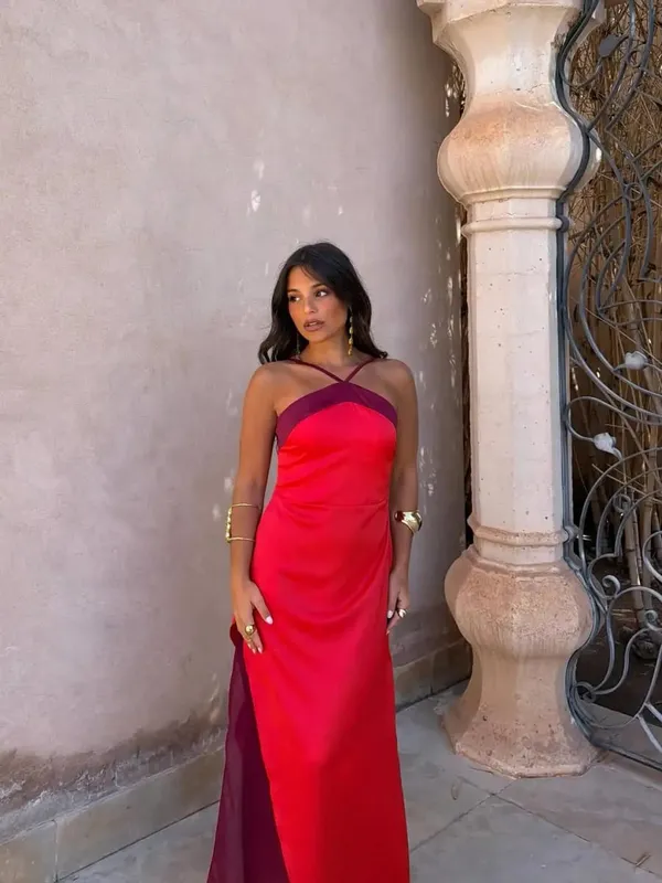 Women Sexy Color Blocking Halter Maxi Dresses Elegant Backless Off shoulder Sleeveless Slim Gowns 2026 New Lady Party Vestidos