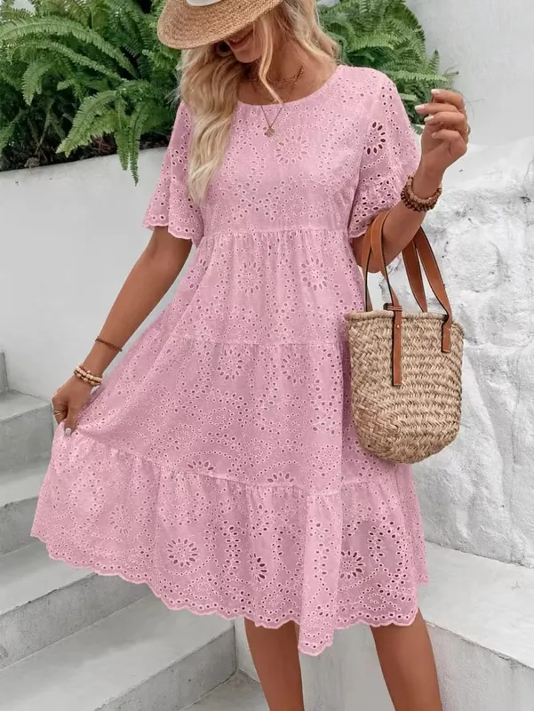 Pambabaeng White Eyelet Embroidery Midi Dress Hollow-out Boho Flowy Ruffle Tiered Dress Casual Short Sleeve Summer Beach Dresses — image 13
