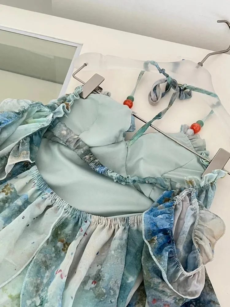2025 elegante halter pescoço babados maxi vestido feminino azul verde floral impressão boêmio design praia férias casual vestido de festa novo — image 5