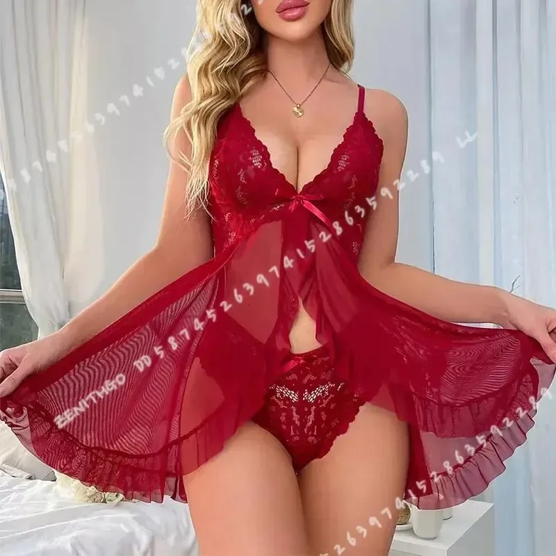 2 Pcs Women Lace Nightgown Set Deep V Neck Bra Panties Transparent Solid Slim Soft Split Nightdress Lingerie — image 4