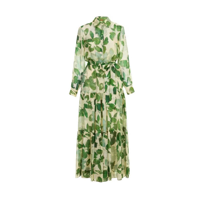 Mga 2025 na Dress ng Pambabaeng Bagong Belted Chiffon Print V-neck Chic Slim Long Dress Fashion Elegant Holiday Street Pambabaeng Dress
