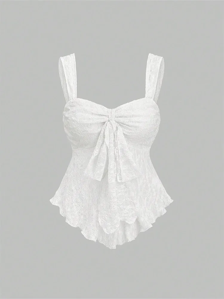 2026 Summer Women Y2K Coquette Floral Lace Knotted Bow Slim Fit Irregular Ruffled Hem Sweetheart Neck Wide Strap Cami Tank Top — image 3