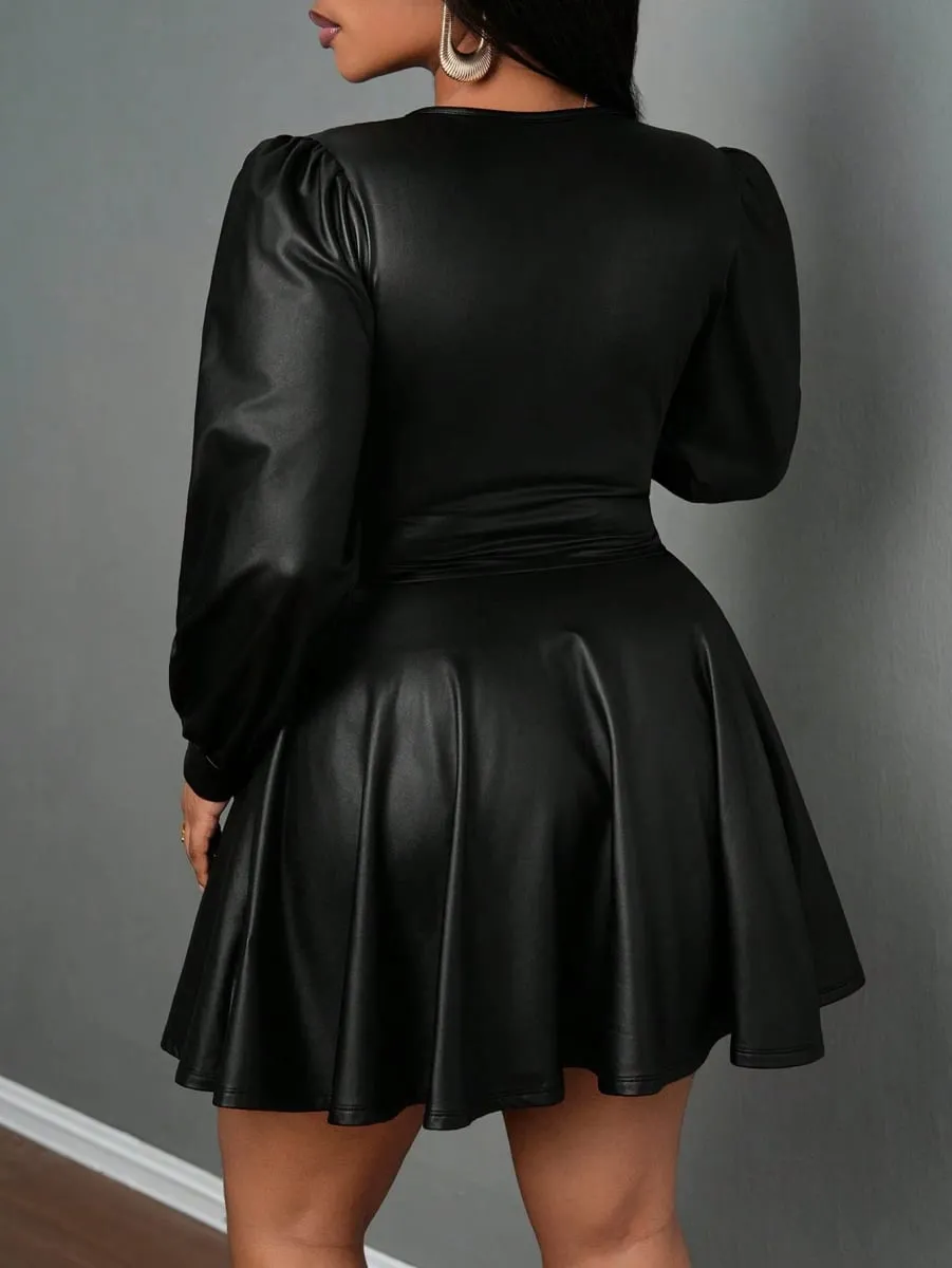 Plus Size Leather Skirt para sa Babae Deep V Neck Lantern Sleeve Waist Cinched A-Line Party Outfit Pang-sexy Girl's Ensemble — image 2