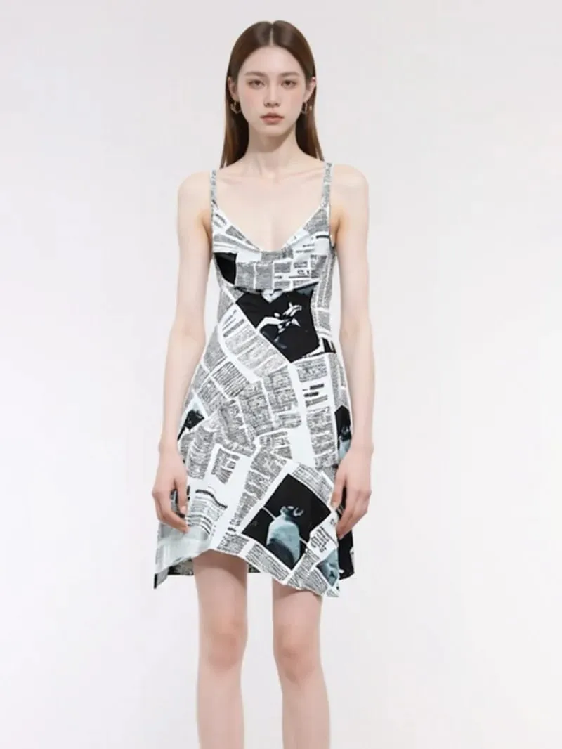 Bagong Pambabaeng Pahayagan ng Letter Print Irregular Hem Sling Dresses Fashion Backless Manipis na Straps Na May Chain Summer Sexy Dress KJH2 — image 2