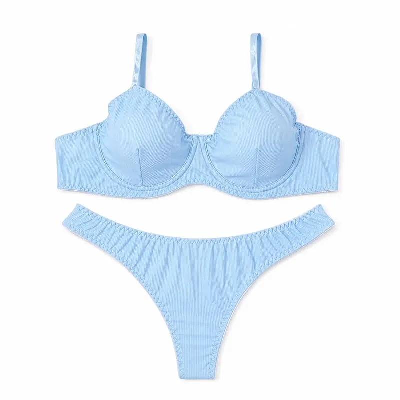 Conjunto de lingerie feminina sólida com nervuras, sutiã com copo fino, tanga de cintura baixa, macio, íntimo diário — image 9