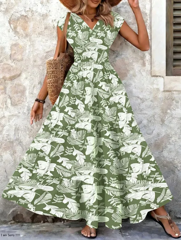 2026 Vintage Floral Print Dress Elegant V-Neck Short Sleeve Long Women's Fashion Retro Gown — image 10