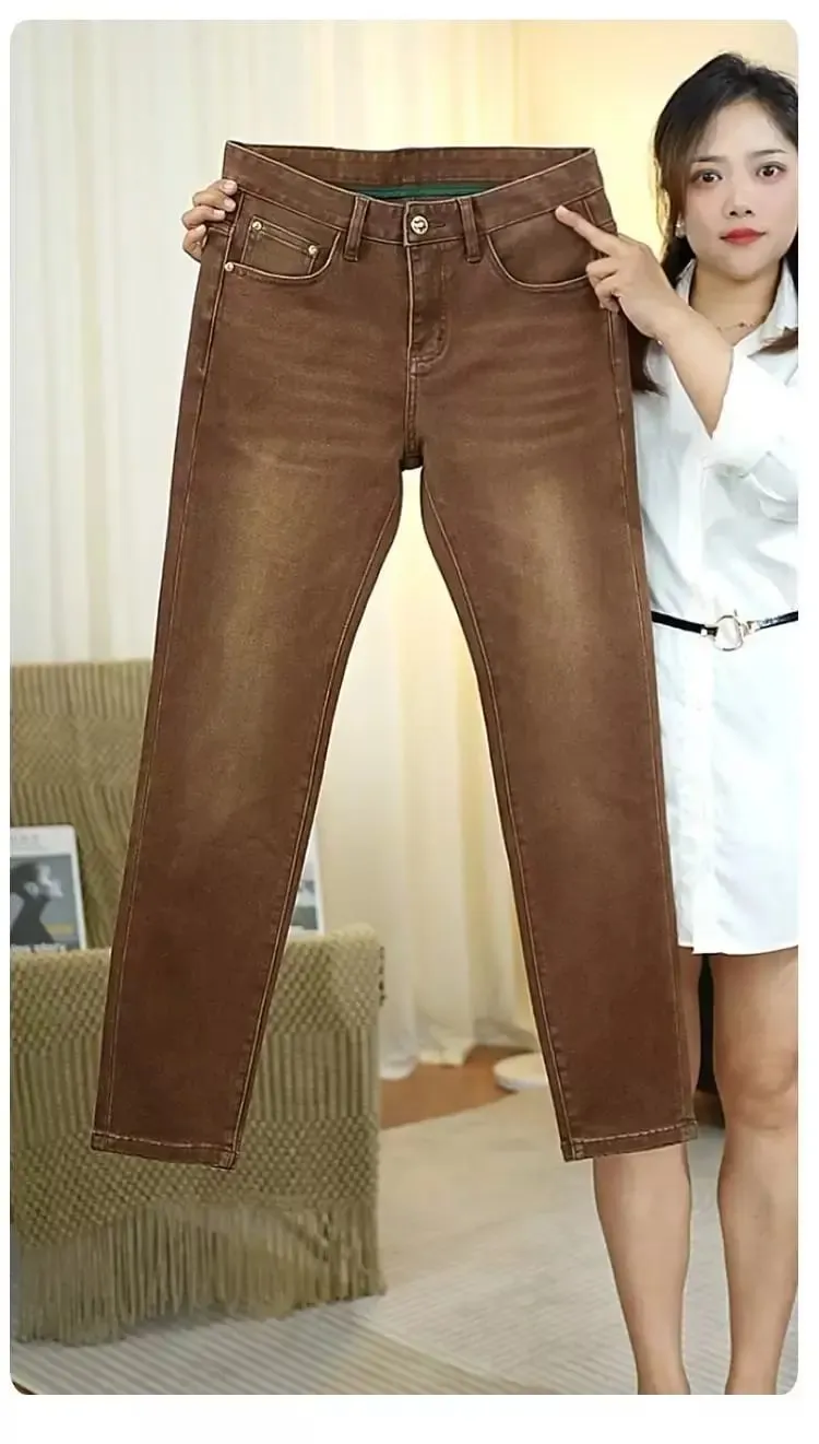 2026 New High-end High-quality Denim Brown Baggy Cotton Elastic Jeans Retro Nostalgic Men's Vintage Straight-fit Trousers — image 2