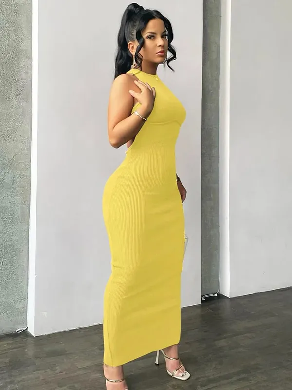 Hugcitar Ribbed Solid Hollow Out Backless Sleeveless Sexy Slit Mini Dress Bodycon 2025 Spring Women Outfits Elegant Party Y2K — image 15